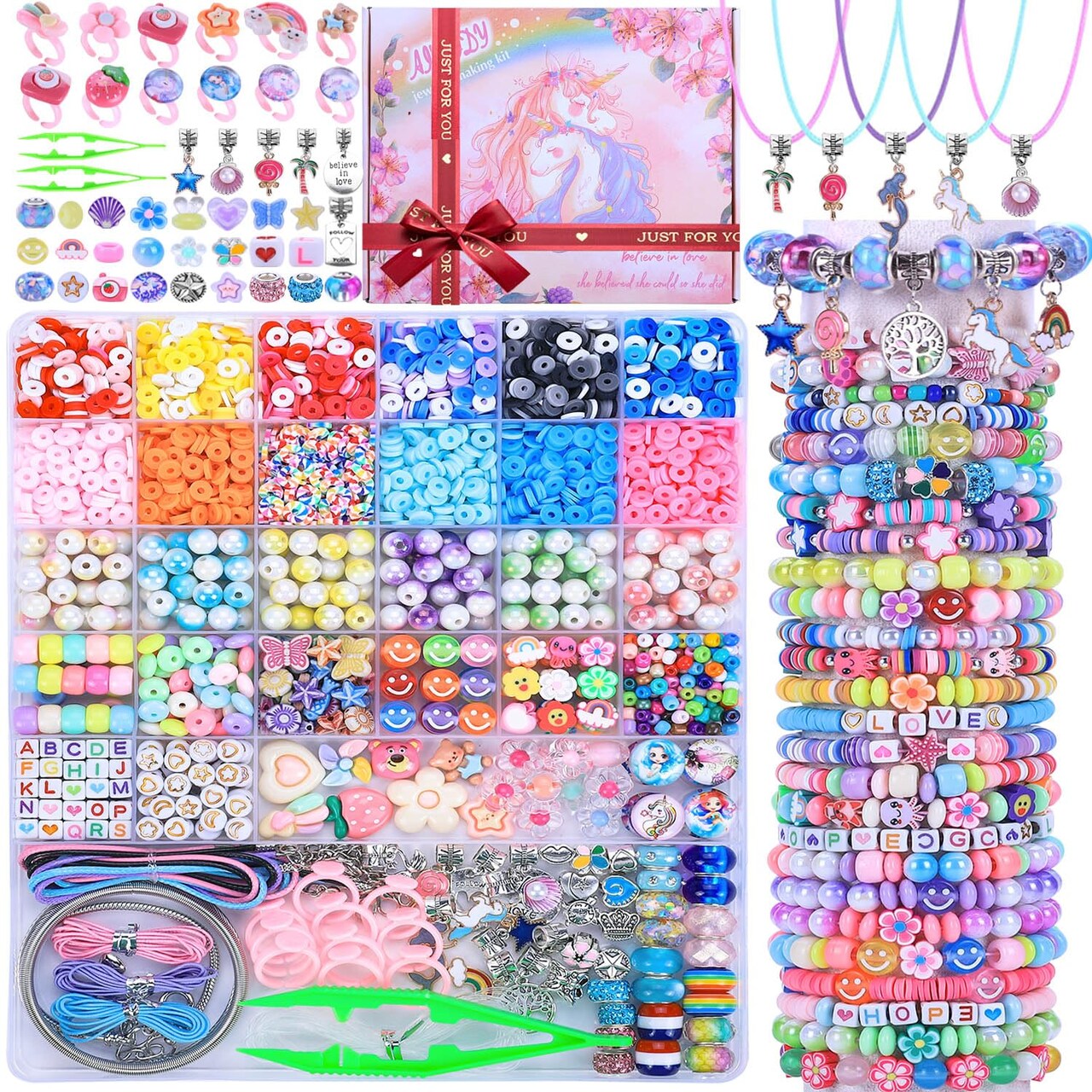 3200 Pieces Girls Toys Bracelet Making Kit, Unicorn/Mermaid Clay Beads Jewelry Activity Kit, DIY Crafts Birthday Christmas Gifts for Girls Ages 5 6 7 8 9 10 11 12 Years Old (Light Pink)